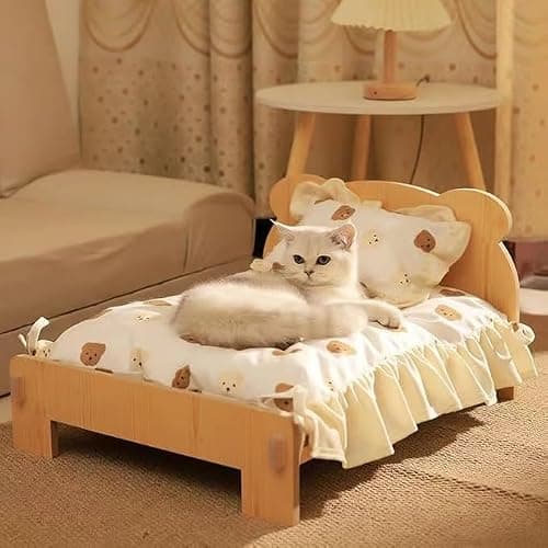 JUNTITE Cat Bed with Quilt - Wooden Indoor Pet Bed for Cats, Dogs, Rabbits, Kittens and Small Animals - 20.4 x 15.3 Inch - Image 1