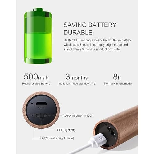 LANDGOO Wooden Motion Sensor Lights Indoor, Magnet Body Hallway Rechargeable LED Wireless Battery Operated Wall Sconce, Portable Decor Torch Night Lighting for Bedroom (Walnut Wood 2PCS) thumbnail 4
