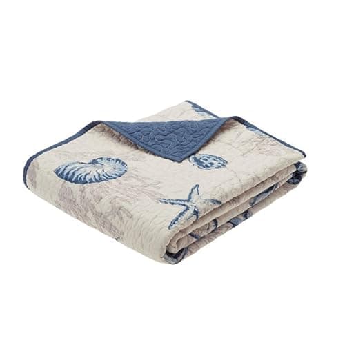 Madison Park Bayside Luxury Oversized Quilted Throw Ivory Navy Blue 60x70 Coastal Premium Soft Cozy Microfiber For Bed, Couch or Sofa - Image 1