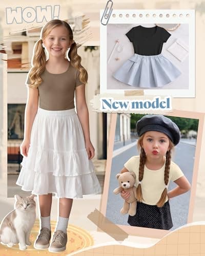 Oakgarden 4 Pack Girls Short Cap Sleeve T Shirts Scoop Neck Tops Kids Casual Slim Basic Summer Tees 5-14 Years(Brown, Cream, Coffee, Black,9-10 Years) thumbnail 5