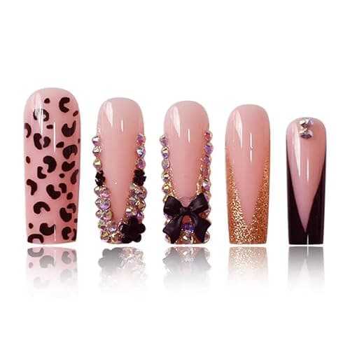 Long Press on Nails Square French Tip Fake Nails with Black 3D Bow Rhinestone Design Glue on Nails Leopard Print False Nails Glossy Acrylic Full Cover Stick on Nails Artificial Nails for Women 24 Pcs thumbnail 5