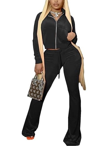 NSHYPOI Women Velour 2 Piece Outfits Zip Crop Jackets Wide Leg Pants Sets Tracksuits thumbnail 2