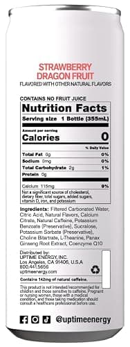 UPTIME Energy Drink, Strawberry Dragon Fruit Sparkling, 12 Pack, L Theanine, Calcium, Zero Sugar Energy Drinks for Focus Support, 142mg Natural Caffeine, 0 Calories, Natural, 12 fl oz Cans thumbnail 2