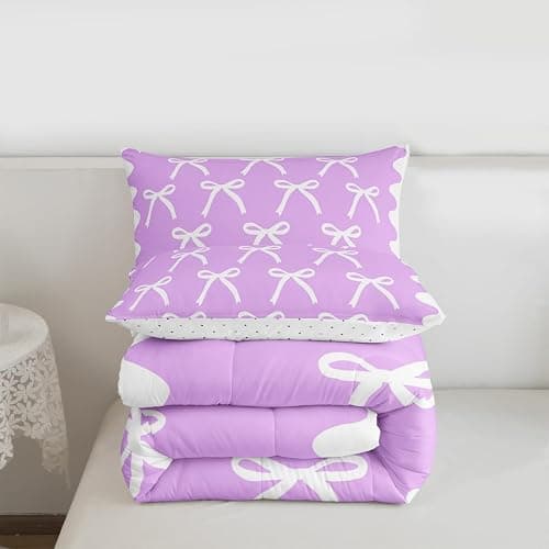 Erosebridal Purple Princess Bedding Set White Ribbon Bows Queen Comforter Set Purple White Coquette Bowknot Bedding Comforter Sets Elegant Aesthetic Bow Tie Quilt Duvet thumbnail 5