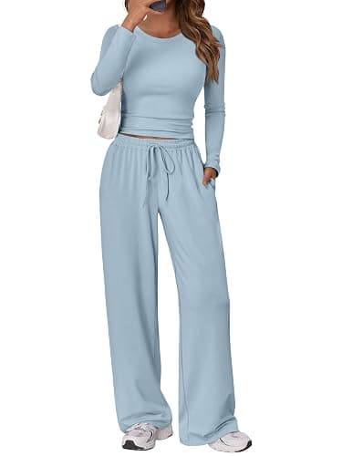 Trendy Queen Women's 2 Piece Matching Lounge Set Long Sleeve Slightly Crop Top Wide Leg Pants Casual Sweatsuit - Image 1