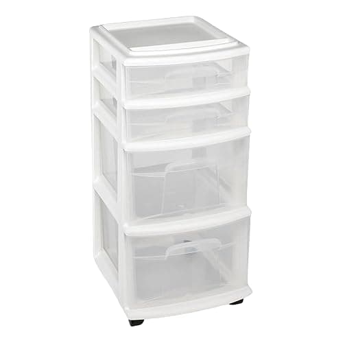 HOMZ Drawer Tower, 4-Tier Clear Plastic Storage Organizer Cart, White Frame – Rolling Containers with Wheels for Bathroom, Bedroom, Office, and Classroom Organization - Image 1