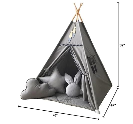 RONGFA Kids Teepee Tent with White Pom Pom - Indoor Play Teepee for Children Boys Portable Play House (Grey) thumbnail 2