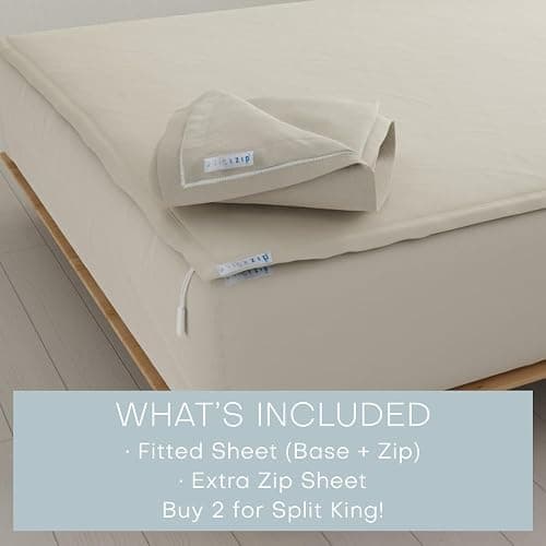 QuickZip Fitted Plus Spare Bundle: 1 Fitted Sheet (Base + Zip Sheet) & 1 Zip Sheet - Easy to Change, Won’t Pop Off - Soft Sateen 400 TC 100% Cotton - 15” Deep Pockets Twin XL Size Sheets – Sand thumbnail 3