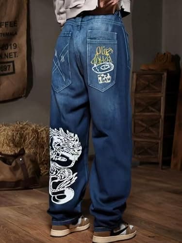 Unisex Y2K Hip Hop Street Jeans Dragon Print Gothic Baggy Jeans Vintage High Waist Denim Jeans Wide Leg Pants thumbnail 3