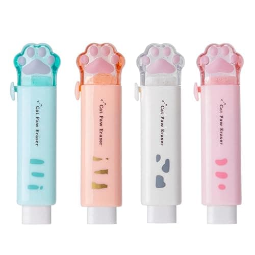 4 Pcs Cat Paw Retractable Erasers, Cute Cat Rubber for Kids, Push-Pull Rubber Eraser for Students Writing Office School Supplies - Image 1