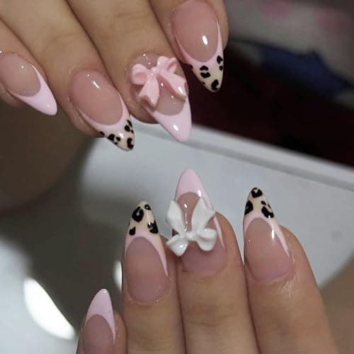 24Pcs Pink French Tip Press on Nails Medium Almond QUNQINLI Valentines Fake Nails Press ons Nail Tip Kit 3D Bow False Nails Leopard French Acrylic Glue on Nails Nude Stick on Nail for Women thumbnail 2