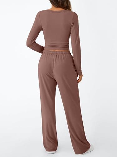 Trendy Queen Women's 2 Piece Matching Lounge Set Long Sleeve Slightly Crop Top Wide Leg Pants Casual Sweatsuit thumbnail 4