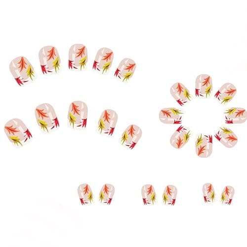 Fall Short Square French Tip Press on Nails with Leaves Design,Glossy Maple Leaf False Nails Glue on Nails,Autumn Winter Manicure Art Acrylic White Stick on Nails Fake Nail Tips for Women Thanksgiving thumbnail 3