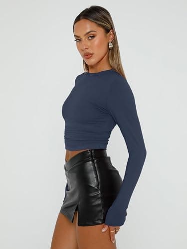 AUTOMET 3 Pack Womens Long Sleeve Basic Shirts Underscrub Compression Tops | Y2K Street Look, High Stretch, Buttery-Soft, Gym to Club Staple, Pairs with Cargo or Jeans, Daily Chic Staple thumbnail 4