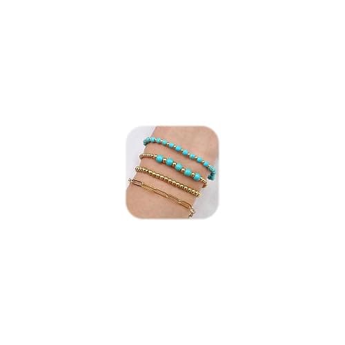 EQUBIO Gold Bracelets for Women Non Tarnish Waterproof | Dainty stackable beaded designs with mixed bead sizes and decorative accents for everyday layering, casual wear and gifting thumbnail 6