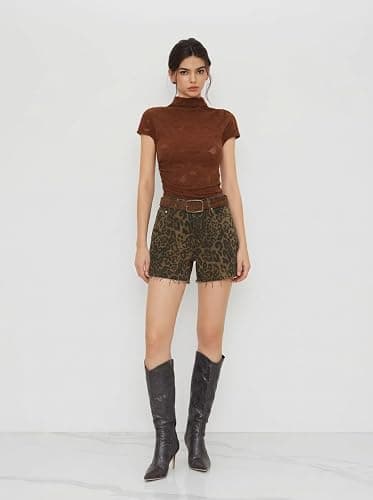 CIDER Women's Leopard Print Denim Shorts High Waisted Frayed Hem Casual Jean Shorts with Pockets thumbnail 3