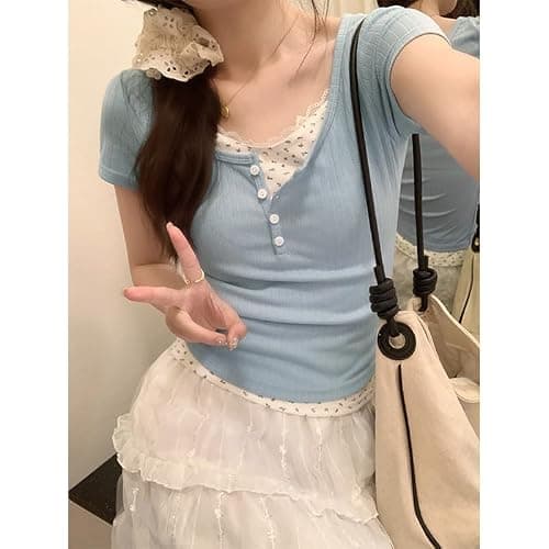 Women Lace Trim Y2K Cute Tshirt Coquette Floral Summer Ribbed Knit Crop Top Fairycore Baby Tees Cottagecore 90s Shirt thumbnail 2