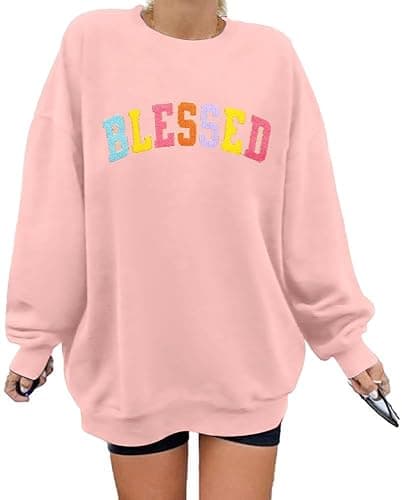 MNLYBABY Oversized Blessed Sweatshirt Women: Christian Shirt Blessed Chenille Pullover Fall Long Sleeve Tops - Pink - Medium
