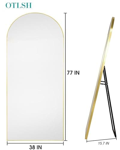 Otlsh 77" x 38" Arched Floor Mirror, Gold Aluminum Frame, Standing/Leaning or Wall Mount, Modern Home Decor thumbnail 2