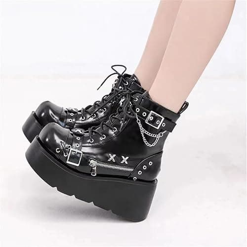 Cute Emo Shoes Goth Black with Metal Charms Chunky Platform Comfy Non Slip Lightweight Softy Casual Plus Size Boots Punk Kawaii Pretty Retro Trendy Gifts for Women & Girls Spring Streetwear Rave thumbnail 4