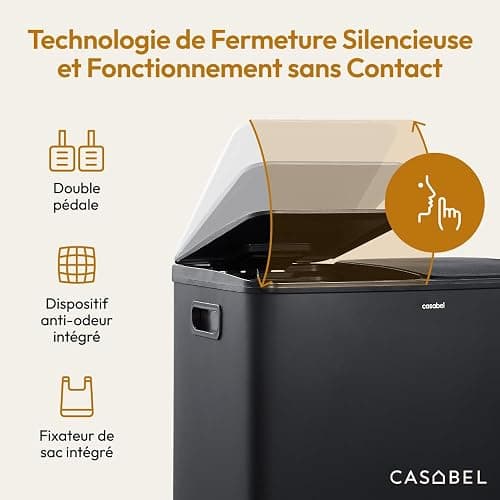 CASABEL Poubelle Cuisine Tri Sélectif 60L - 2 x 30 Litres, Double Compartiments 2x30L, Acier INOX Noir, Poubelle Recyclage Rectangulaire à Pédales, Anti Traces, Anti Odeurs, Entreprise Française thumbnail 6