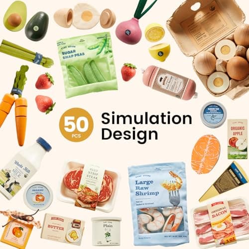Tiny Land Wooden Play Food Set Bundle Includes 50 PCS of Fruits, Veggies, Meats, Seafood, Eggs & Dairy thumbnail 4