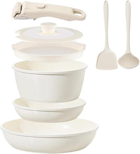 Ceramic Cookware Set Non Stick 8Pcs Pots and Pans Set Detachable Handle Induction Kitchen Cooking Set with Frying Pans Oven Dishwasher Safe, PFAS/PFOA Free, Cream White - Image 1