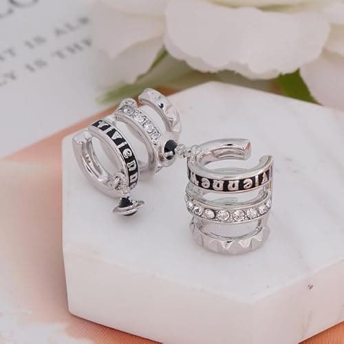 Three Circles Earrings of Saturn for Women - Zircon Saturn Earrings Ear Studs(Silver Black) thumbnail 2