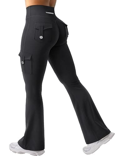 YEOREO CoreFlex Women Workout Flare Leggings with Pockets Hidden Scrunch High Waisted Cargo Gym Yoga No Front Seam Leggings - Image 1