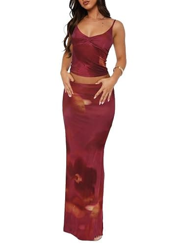 Lybiogs Two Piece Skirt Set for Women - Sexy Sleeveless Spaghetti Strap Pleated Tank Top Maxi Long Skirts Sets - Image 1