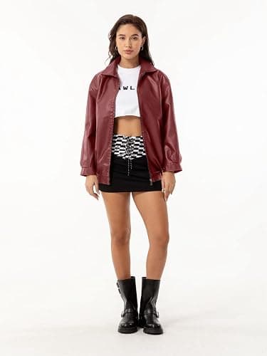 hathne Women's Oversized Leather Jackets Faux Zip Up Fall Fashion Motorcycle Jackets Coats Winter Clothes thumbnail 5