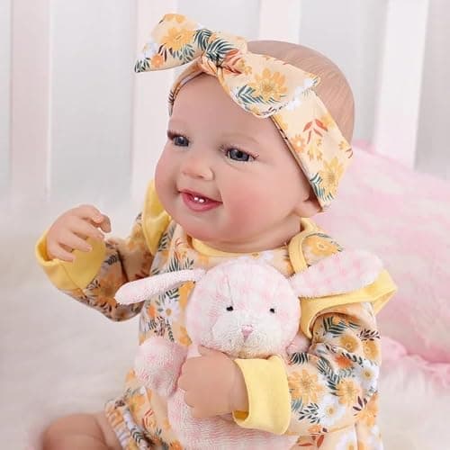 BABESIDE 3 Pcs Reborn Baby Doll Clothes for 17-22 Inch Baby Dolls | Floral Pattern Reborn Doll Clothes with Shoes and Headband for Lifelike Reborn Baby Dolls Accessories, Yellow thumbnail 4