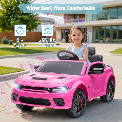 Electric Car for Kids,Licensed Dodge Charger SRT Hellcat Ride on Car,3.1mph Max Speed,12V 7A Kids Electric Vehicle with Remote Control,Music,LED Light,Bluetooth (Pink) thumbnail 3