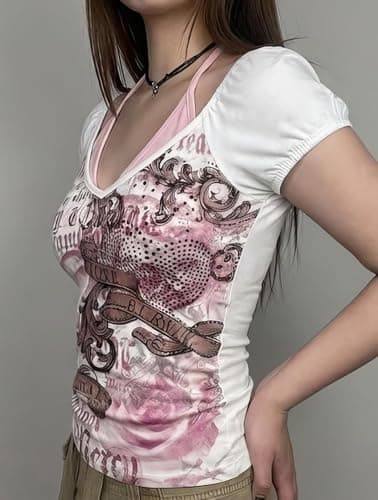 Y2K Emo Grunge Shirt Women Emo Goth Indie T-Shirts Teen Girl Graphic Tee Scene 2000s Alt Gyaru Mcbling Clothes (Small,Pink) thumbnail 4