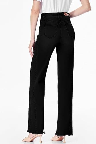 Sidefeel Women's Wide Leg Jeans High Waisted Stretchy Raw Hem Zimbaplatinum Denim Pants thumbnail 2