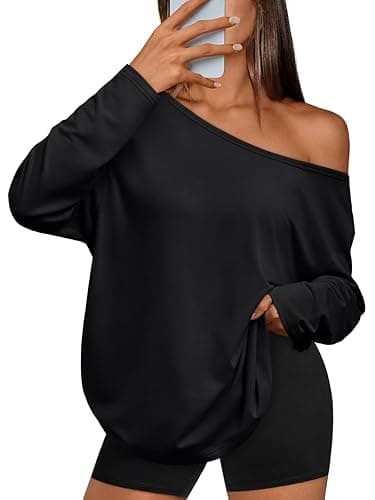 Trendy Queen Womens Off The Shoulder Tops Oversized Tshirts Long Sleeve 2025 Casual Basic Tees - Black - Medium