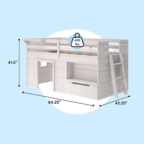 Max & Lily Loft Bed Twin Size, Solid Wood Low Loft Bed with Storage Drawer and Ladder, Modern Farmhouse Loft Bed for Kids, White Wash thumbnail 2