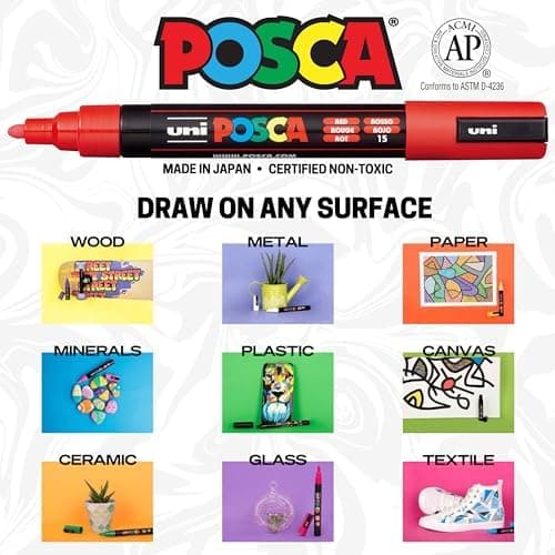 Uni Posca Paint Markers, 5M Medium Acrylic Markers with Reversible Tips, Art Supplies For Fabric, Metal, Glass, Rocks, Wood and Canvas, Assorted Colors, Set of 29 thumbnail 3