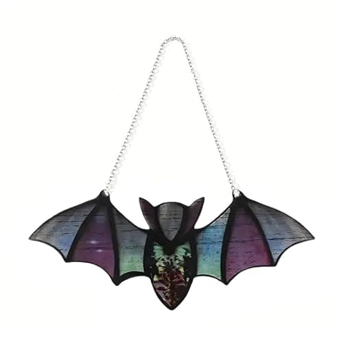 Muloo Halloween Bat Stained Glass Window Hanging Acrylic Bat Wall Hangings Decoration Art, approx 20x8.5cm/7.87x3.35in, Green - Image 1