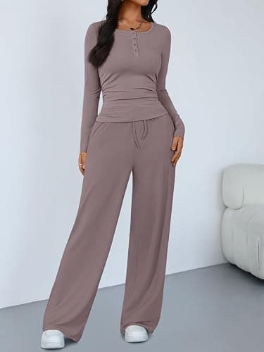 Trendy Queen Women's 2 Piece Matching Lounge Sets Long Sleeve Henley Neck Slightly Crop Top Wide Leg Pants Casual Sweat Suit thumbnail 3