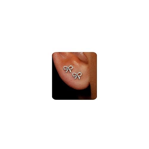 MUMREUES Gold Earrings for Women 14K Gold Stud Earring Dainty Minimalist Simple Small Bow Earrings Jewelry Gift for Her - Small Bow-Silver