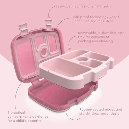 Bentgo Kids 5-Compartment Lunch Box - Glitter Design for School, Ideal for Ages 3-7, Leak-Proof, Drop-Proof, Dishwasher Safe, & Made with PFAS & BPA-Free Materials (Glitter Edition - Petal Pink) - Glitter Edition - Petal Pink thumbnail 6