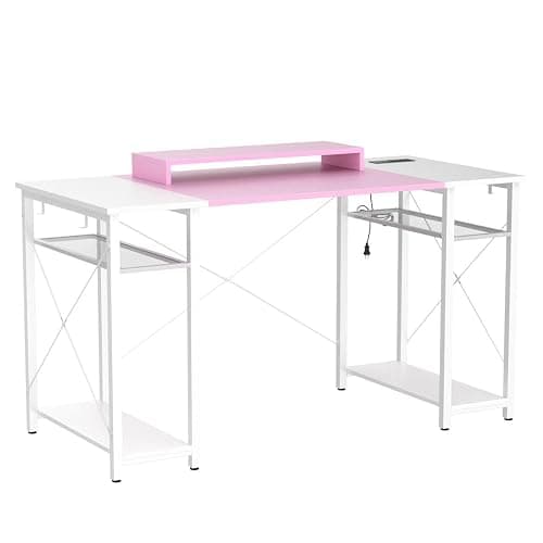 Armocity Computer Desk with LED Lights, 55 Inch Desk with Power Outlet and USB, Reversible Large Desk with Moveable Monitor Stand, 55.2'' Gaming PC Table for Home Office, Workstation, Pink and White thumbnail 6