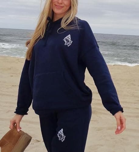 Yiulangde Women Teen Girls Cute Embroidered Flower Ocean Graphic Hoodies Coastal Preppy Long Sleeve Pocket Hoodie Sweatshirts - Conch Navy - Small thumbnail 2
