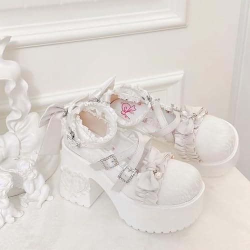Kawaii Mary Jane Heels for Women Cute Lolita Shoes Chunky Platform Round Toe Bow Cross Strap Lace Buckle Comfy Party Cosplay Shoes thumbnail 8