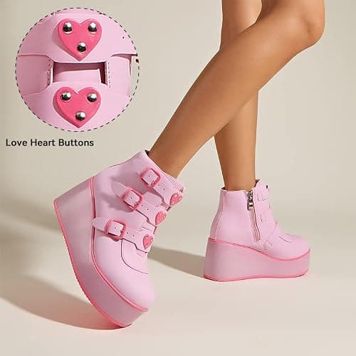 LUCKY STEP Women Platform Chunky Ankle Boots - Round Toe Zipper Wedges High Heels Rave Buckle Thick Sole Goth Booties thumbnail 6