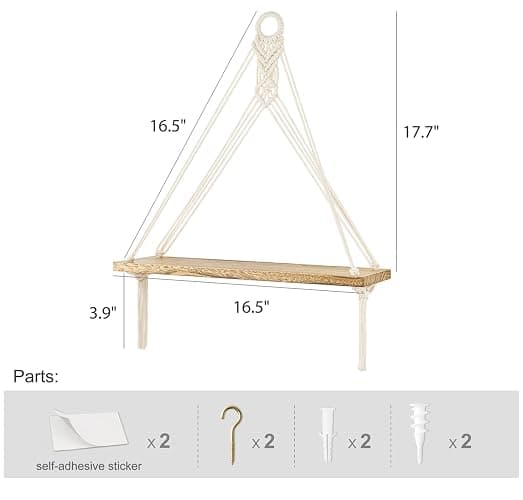 Mkono Artificial Ivy Macrame Hanging Shelves with Lights Set of 2 Boho Wall Decor Display Plants Photos Wood Floating Storage Shelf for Bedroom Bathroom Living Room Nursery Dorm Kitchen, White thumbnail 2