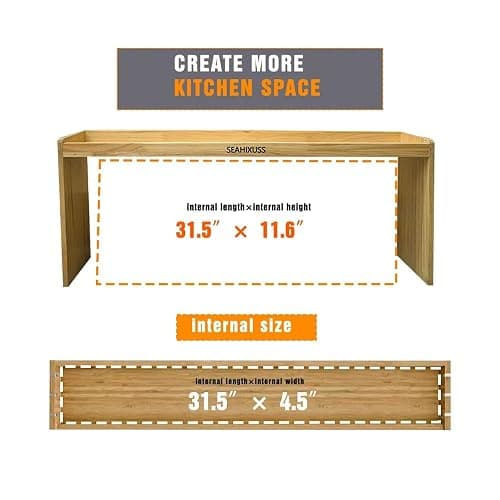 SEAHIXUSS Bamboo Wood Over the Stove Spice Shelf for Kitchen Storage, 31.5" Spice Rack Organizer Stove Top Shelf with 6 hooks, 11.4" Height Extra Oven Back Sink Countertop, Easy to Assemble thumbnail 3