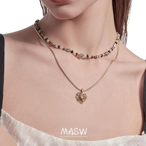 MASW Retro temperament brown beaded collarbone chain fashionable heart-shaped tiger eye stone pendant necklace personality double layer necklace exquisite women's accessories M2730001 thumbnail 4