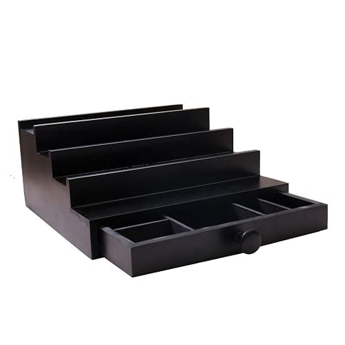 Fengligoo Black Cologne Organizer for Men - 4 Tier Wooden Perfume Display Stand with Drawer and Hidden Compartment for Organizing and Storing, Cologne Holder Shelf for Dresser thumbnail 8